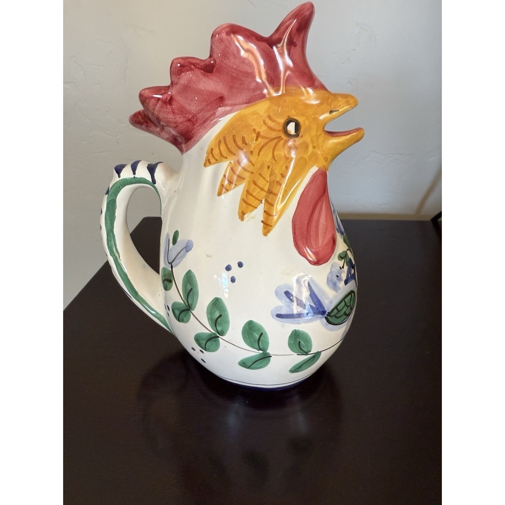 Ceramic Italian Rooster Pitcher Hand Painted Signed 7.5"H